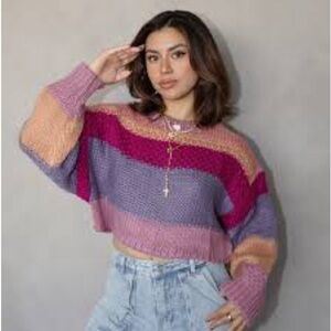 Altar’d State Colorful Striped Women's Sweater Multicolor Purple Pink XS